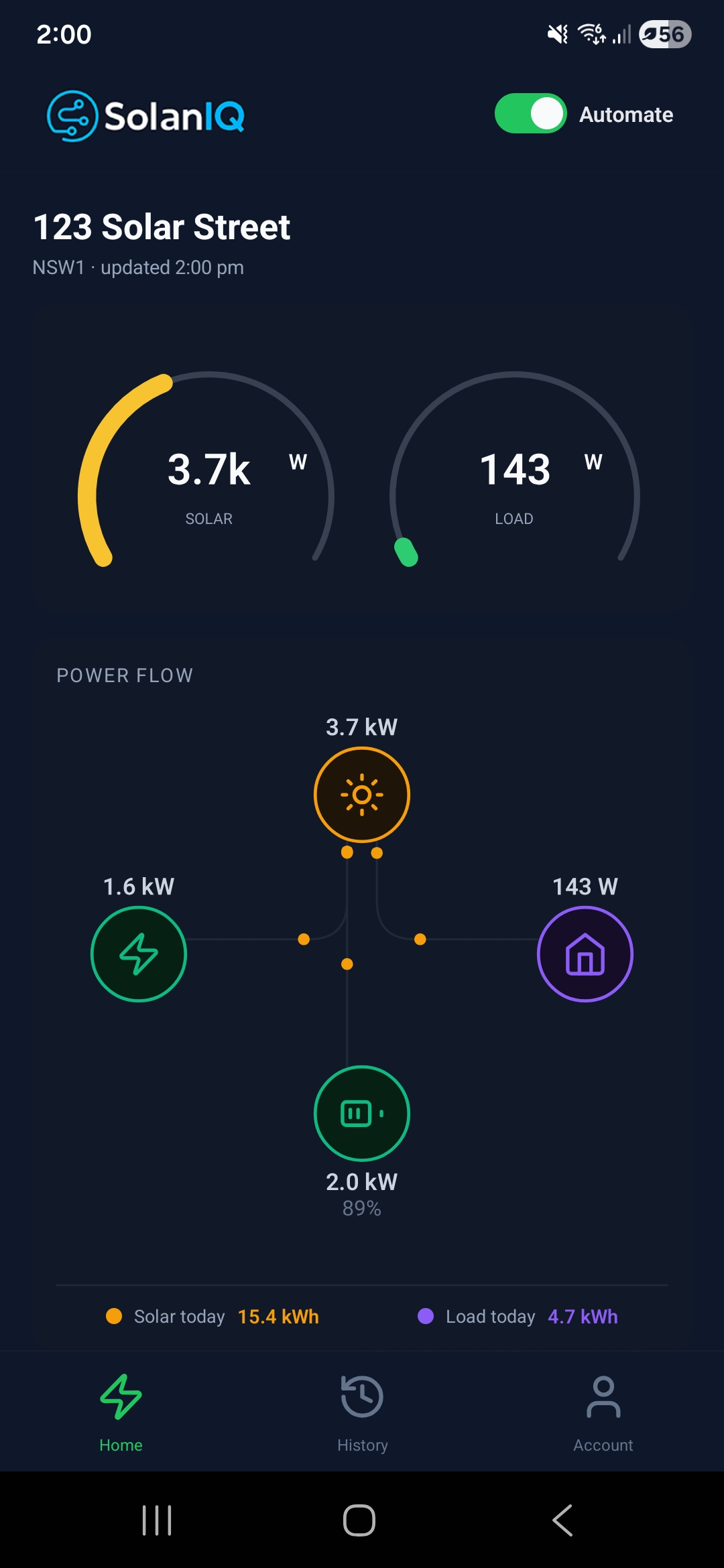 SolanIQ mobile app showing battery state and energy flow